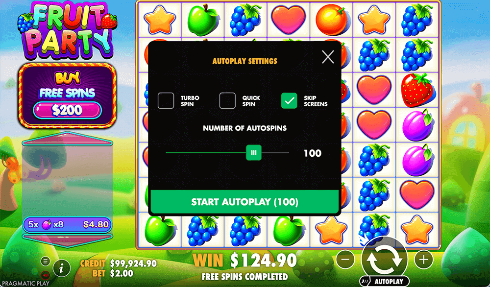 Автоматические вращения в слоте Fruit Party