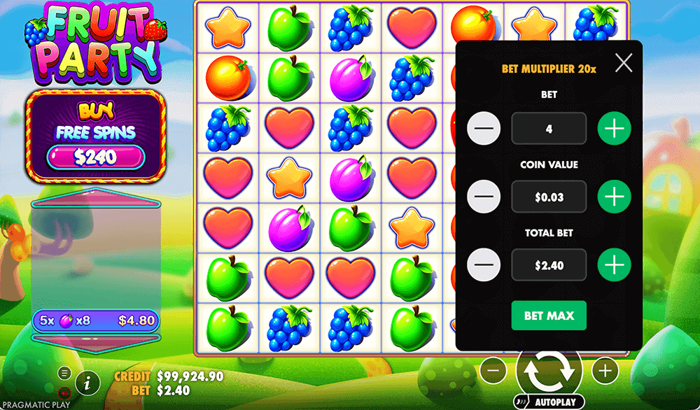 Изменение ставки в слоте Fruit Party